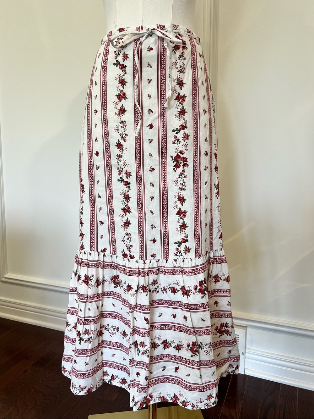 Joie Cotton Rose Floral Stripe Ruffle Hem Midi Prairie Skirt Drawstring XS